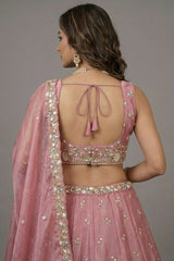 Blush Pink Tissue Lehenga Choli with Floral Lattice Embroidery