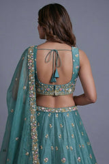 Sea Green Tissue Lehenga Choli with Pastel Floral Jaal Embroidery