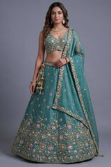 Sea Green Tissue Lehenga Choli with Pastel Floral Jaal Embroidery