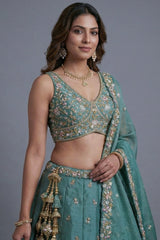Sea Green Tissue Lehenga Choli with Pastel Floral Jaal Embroidery