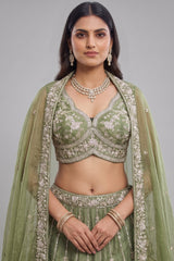 Mehndi Green Tissue Lehenga Choli with Vertical Sequin Embroidery