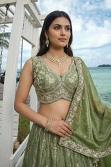 Mehndi Green Tissue Lehenga Choli with Vertical Sequin Embroidery