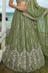 Mehndi Green Tissue Lehenga Choli with Vertical Sequin Embroidery