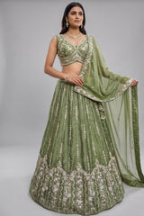 Mehndi Green Tissue Lehenga Choli with Vertical Sequin Embroidery