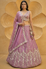 Rose Gold Mauve Lehenga Choli with Vertical Stripe & Floral Embroidery
