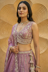 Rose Gold Mauve Lehenga Choli with Vertical Stripe & Floral Embroidery