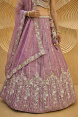 Rose Gold Mauve Lehenga Choli with Vertical Stripe & Floral Embroidery