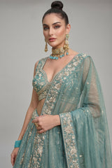 Sky Blue Tissue Lehenga Choli with Vertical Stripe & Scalloped Embroidery