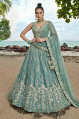 Sky Blue Tissue Lehenga Choli with Vertical Stripe & Scalloped Embroidery
