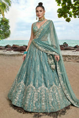 Sky Blue Tissue Lehenga Choli with Vertical Stripe & Scalloped Embroidery