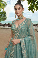 Sky Blue Tissue Lehenga Choli with Vertical Stripe & Scalloped Embroidery