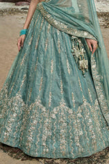 Sky Blue Tissue Lehenga Choli with Vertical Stripe & Scalloped Embroidery
