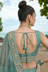 Sky Blue Tissue Lehenga Choli with Vertical Stripe & Scalloped Embroidery