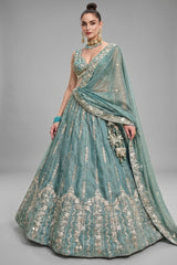 Sky Blue Tissue Lehenga Choli with Vertical Stripe & Scalloped Embroidery