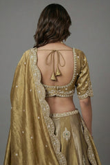 Antique Gold Tissue Lehenga Choli with Scalloped Medallion Embroidery