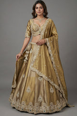 Antique Gold Tissue Lehenga Choli with Scalloped Medallion Embroidery