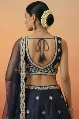 Navy Blue Silk Lehenga Choli with Tropical Botanical Embroidery