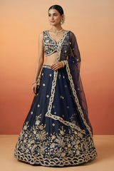 Navy Blue Silk Lehenga Choli with Tropical Botanical Embroidery