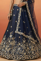 Navy Blue Silk Lehenga Choli with Tropical Botanical Embroidery