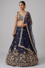 Navy Blue Silk Lehenga Choli with Tropical Botanical Embroidery