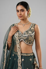 Rama Teal Silk Lehenga Choli with Tropical Botanical Embroidery