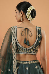 Rama Teal Silk Lehenga Choli with Tropical Botanical Embroidery