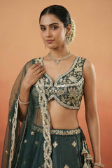 Rama Teal Silk Lehenga Choli with Tropical Botanical Embroidery