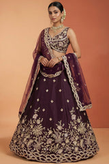 Deep Wine Silk Lehenga Choli with Tropical Botanical Embroidery