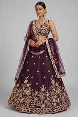Deep Wine Silk Lehenga Choli with Tropical Botanical Embroidery