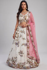 Off White Chiffon Lehenga Choli with Floral Pearl Embroidery