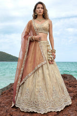 Cream Gold Tissue Embroidered Scalloped Lehenga Choli