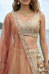 Cream Gold Tissue Embroidered Scalloped Lehenga Choli