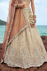 Cream Gold Tissue Embroidered Scalloped Lehenga Choli
