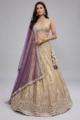 Cream Gold Tissue Embroidered Scalloped Lehenga Choli
