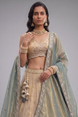 Cream Gold Tissue Embroidered Scalloped Lehenga Choli