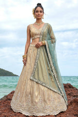 Cream Gold Tissue Embroidered Scalloped Lehenga Choli