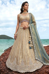 Cream Gold Tissue Embroidered Scalloped Lehenga Choli
