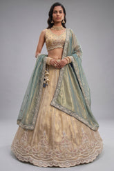 Cream Gold Tissue Embroidered Scalloped Lehenga Choli