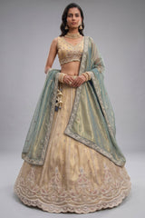 Cream Gold Tissue Embroidered Scalloped Lehenga Choli