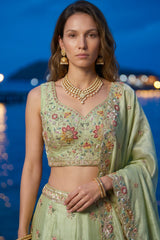 Pista Green Lehenga Choli with Peacock Floral Border