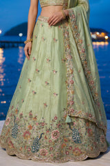 Pista Green Lehenga Choli with Peacock Floral Border