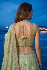 Pista Green Lehenga Choli with Peacock Floral Border