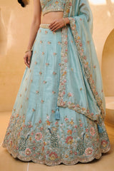 Celestial Sky Blue Lehenga Choli with Peacock Floral Border