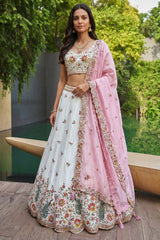 Off White Lehenga Choli with Peacock Floral Border