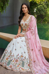 Off White Lehenga Choli with Peacock Floral Border