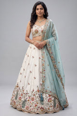 Off White Lehenga Choli with Peacock Floral Border