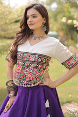 Purple and White Art Silk Mirror and Kachchi Worked Chaniya Choli