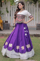 Purple and White Art Silk Mirror and Kachchi Worked Chaniya Choli