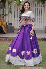 Purple and White Art Silk Mirror and Kachchi Worked Chaniya Choli