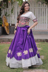 Purple and White Art Silk Mirror and Kachchi Worked Chaniya Choli